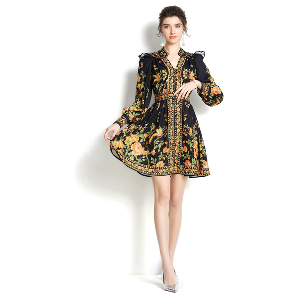 MSN - Women's Floral Print Button up Lantern Sleeve Casual Shirt Dress A-line Mini Dress