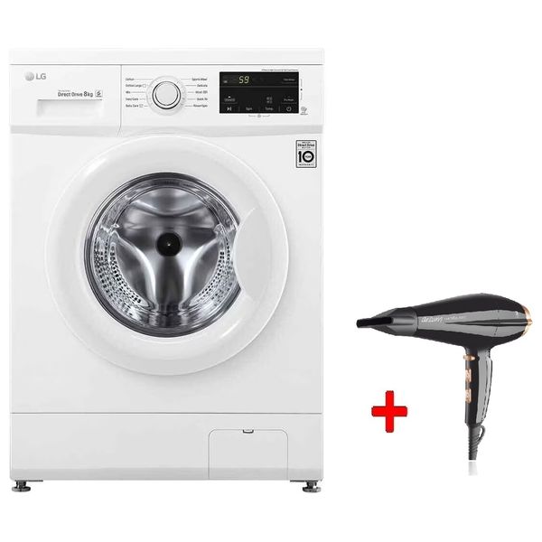  غسالة ال جي فتحة امامية - 8 كغم - 1400 دورة بالدقيقة - WJ1408NTP - ابيض + مجفف شعر ارزوم - AR5047 - اسود 