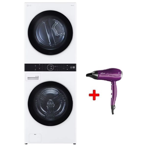  غسالة ومجففة ال جي فتحة امامية - 21/16 كغم - WT2116WRK - ابيض + مجفف شعر ارزوم - AR5056 - بنفسجي 