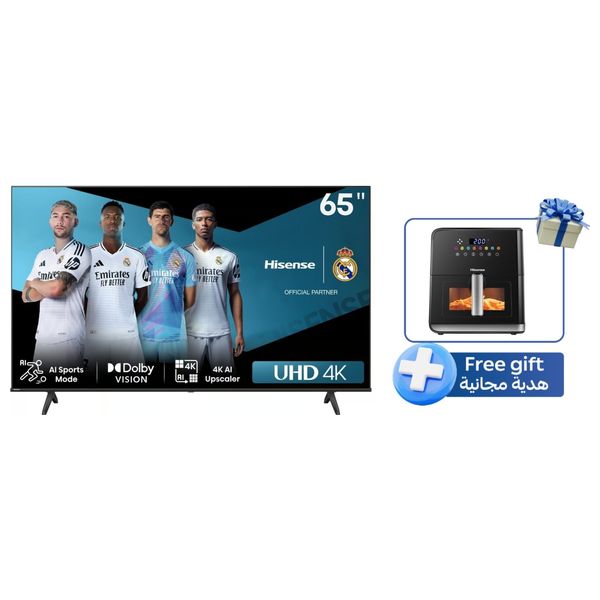  Hisense 65-Inch A62QS Series - Smart - 4K - LED - 60Hz - 2024 Model + Hisense H09AFBKS4S - Electric Fryer - 8L - Black 