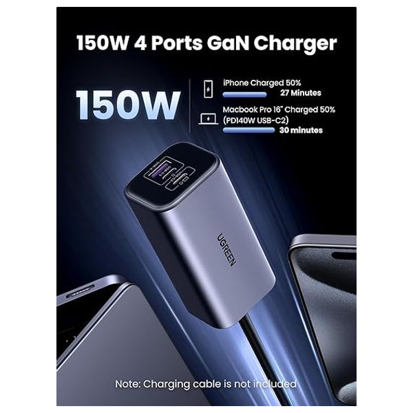 Ugreen Car Charger - 150W Total Power - 4 Ports - Black