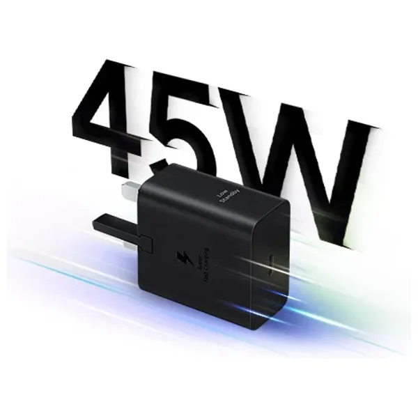  شاحن جداري سامسونج - شحن فائق السرعة بقوة 45 واط -  مع كيبل يو اس بي سي  إلى يو اس بي سي  - 1.8 متر - أسود 