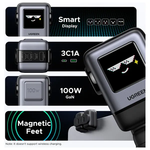  Ugreen 100W Robot Charger - Groovy Design - Smart TFT Display - Fast Charging for 4 Devices - Magnetic Base - Advanced Protection 
