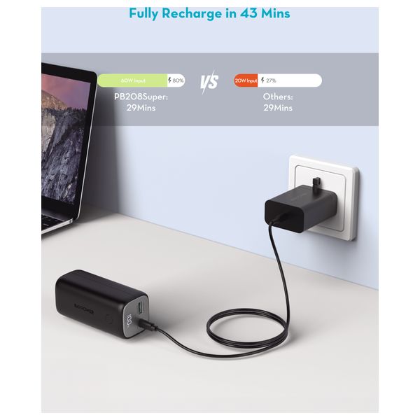  شاحن محمول راف باور - سعة 10400 مللي امبير - 30 واط PD - مع شاحن جداري 65 واط - اسود 