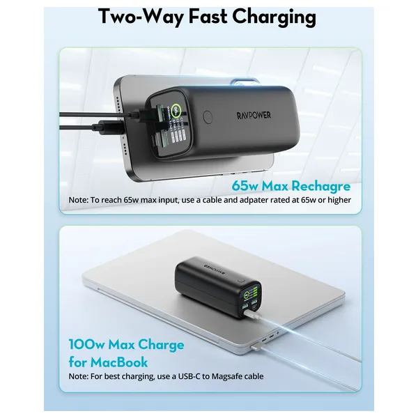  شاحن محمول راف باور الترا PD Pioneer - بسعة 20000 مللي امبير - 100 واط PD - شاشة رقمية - اسود 