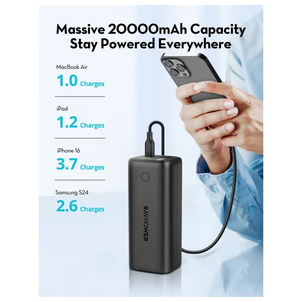  شاحن محمول راف باور الترا PD Pioneer - بسعة 20000 مللي امبير - 100 واط PD - شاشة رقمية - اسود 