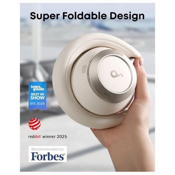 سماعات حول الاذن انكر ساوندكور Space One Pro - قابلة للطي - عمر البطارية يصل إلى 60 ساعة مع إيقاف تشغيل (إلغاء الضوضاء النشط) - 4 ميكروفونات بتقنية الذكاء الاصطناعي لإجراء مكالمات واضحة - أبيض