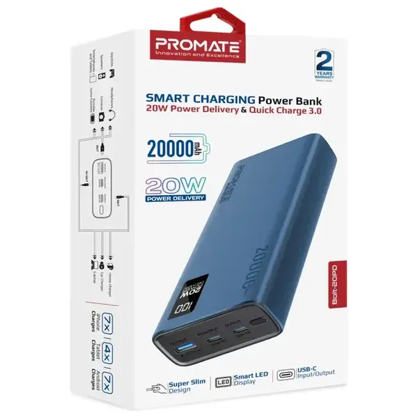  Promate - Power bank - 20000mAh - Fast Charging 20W - Blue 
