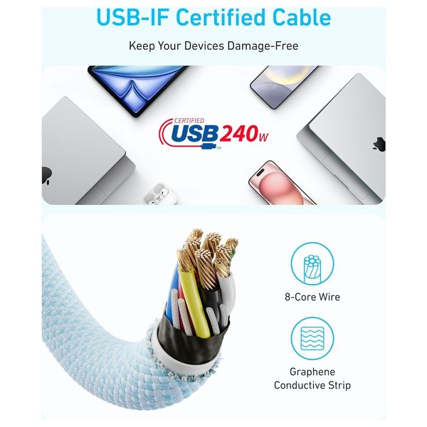  كيبل أنكر زولو يو اس بي سي إلى يو اس بي سي - شحن سريع 240 واط    - موصل نحيف 5.8 ملم - أبيض 