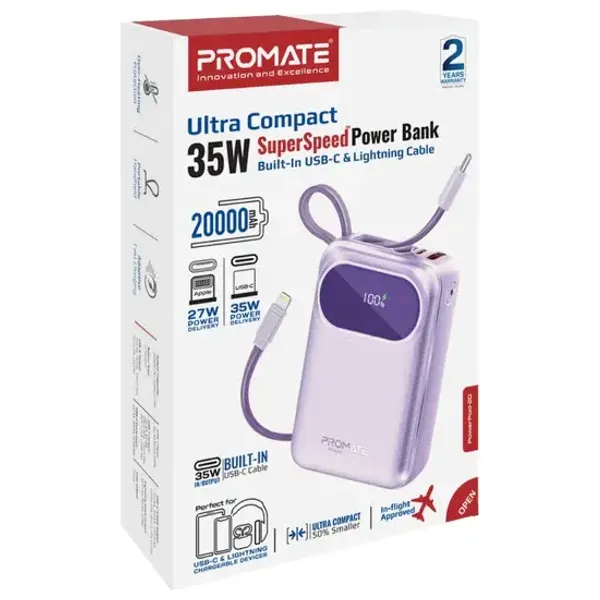  Promate - Power Bank - 20000mAh - 35W - Built in USB-C & Lightning Cables - Smart LED Display - Purple 