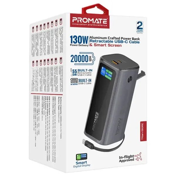  Promate - Power Bank with USB-C Cable - 20000mAh - 130W - Black 