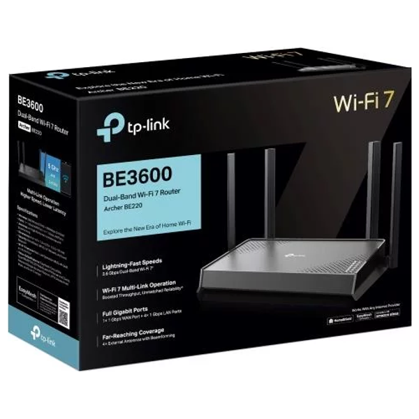  TP-Link Archer BE220 BE3600 Router - Dual-Band Wi-Fi 7 - 3.6 Gbps Speed ​​- Supports MLO and 4K-QAM - 4 Antennas - 1Gb WAN Port - EasyMesh Compatible - HomeShield Protection - Black 