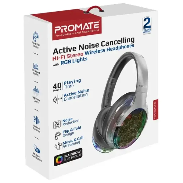  Promate - Wireless Headphones - Up to 40 hours - RGB - Silver 