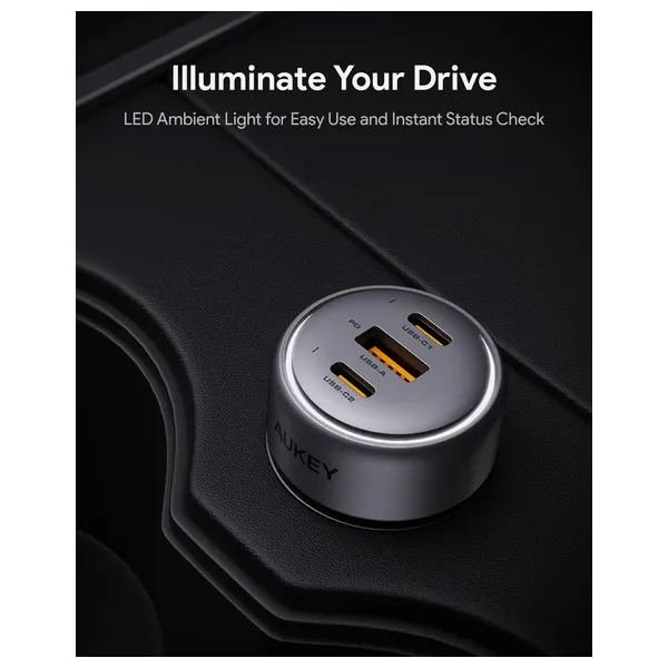  Aukey Fast Car Charger - 3 Ports - 66W - Gray 