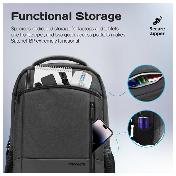  Promate Satchel-BP Laptop Backpack - 15.6 inch - Black 