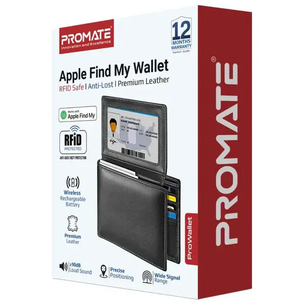  Promate Smart Wallet - Compatible with Apple Find My - Premium Leather - Bluetooth 5.2 - Battery Lasts up to 6 Months - Black 