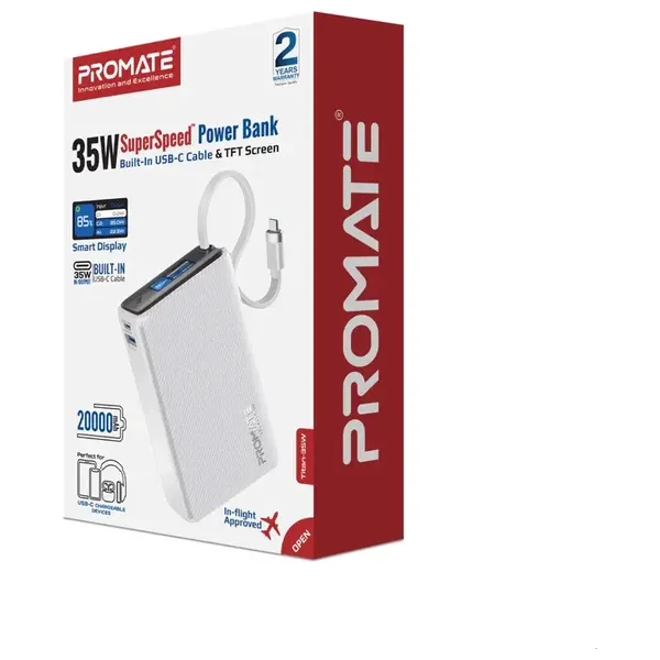 Promate  Titan - Power Bank with USB-C Cable - 20000mAh - 35W - White 