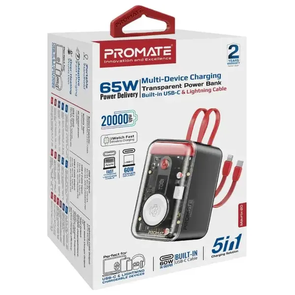  Promate Mavrix 20 Portable Power Bank - 20000mAh - 65W Fast Charging - Built in USB-C & Lightning Cables - Apple Watch Charger - LED Display - Red 