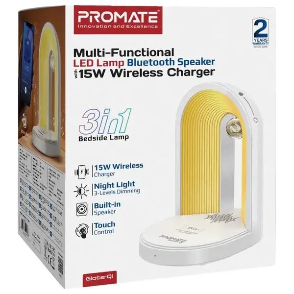  مصباح LED متعدد الوظائف من بروميت مع مكبر صوت بلوتوث وشاحن لاسلكي بقوة 15 واط - ابيض 