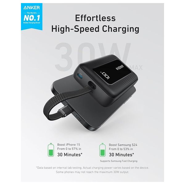  باور بانك أنكر زولو - سعة 10000mAh - شحن سريع 30 واط - كيبل يو اس بي سي - شاشة LED لمستوى البطارية - تصميم مضغوط - أسود 