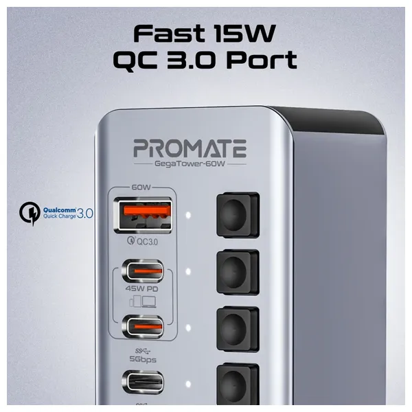  Promate 14 in 1 multi port charger - 60W - USB-C - Gray 