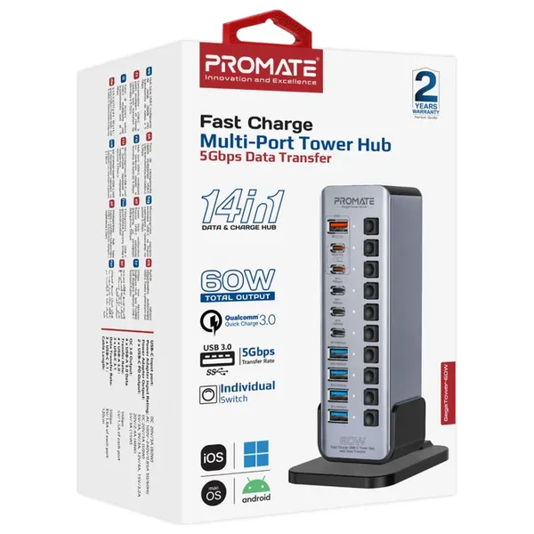  Promate 14 in 1 multi port charger - 60W - USB-C - Gray 