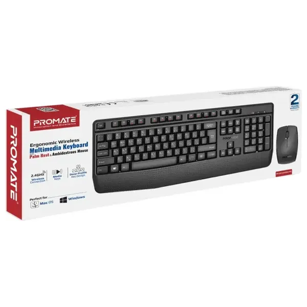  Promate Wireless Keyboard and Mouse Combo - Ergonomic Design with Palm Rest - Black 