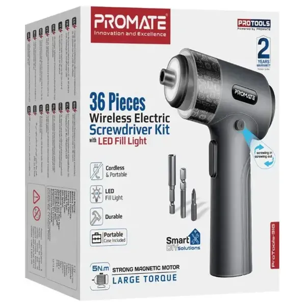  طقم مفكات كهربائية لاسلكية من بروميت - ProTools 31G - قطعة 36 - مصباح LED مدمج - اسود 