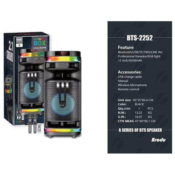 سماعة بلوتوث من برودو اي كاريوكي - BTS-2252 - اضاءة RGB - بطارية بحجم 4500 مللي امبير - اسود 