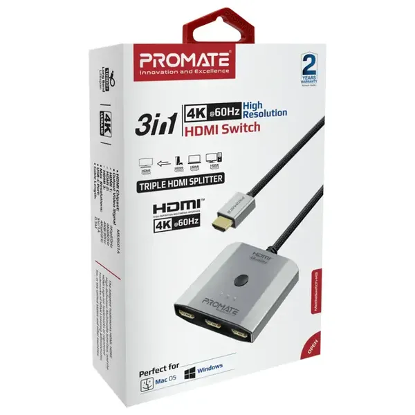  محول اتش دي ام اي بروميت - ثلاث مداخل إلى مخرج واحد - تبديل سريع بين الأجهزة - رمادي 