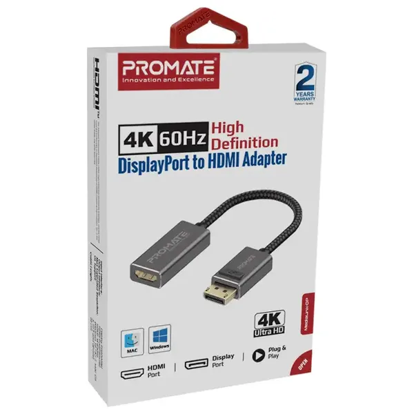  محول بروميت DisplayPort إلى HDMI بدقة 4K - نقل صوت وفيديو عالي الوضوح - رمادي 