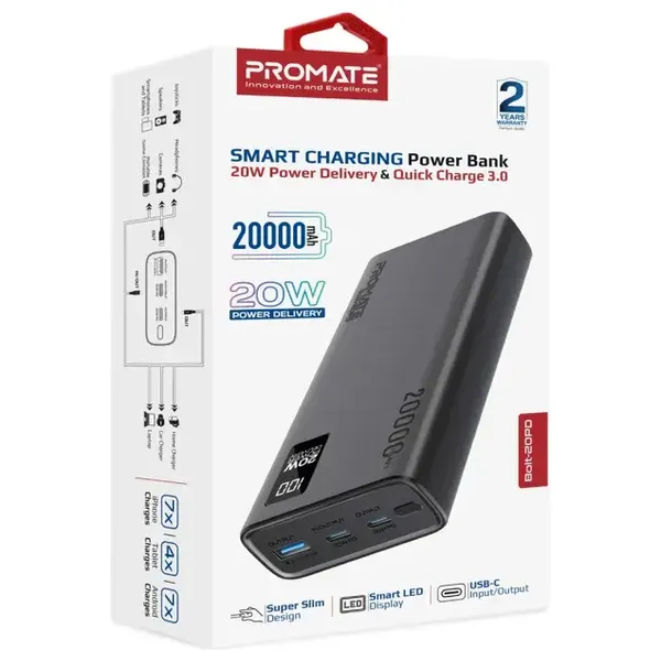  Promate - Power bank - 20000mAh - Fast Charging 20W - Black 