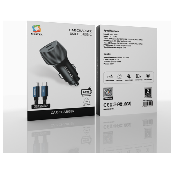  Master - Car Charger - 66W - USB-C to USB-C Cable - 1.2m - Black 
