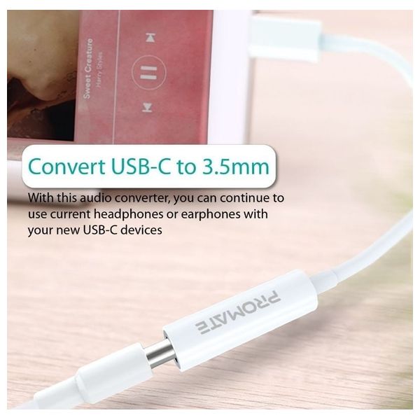 محول صوت بروميت  - يو اس بي سي إلى 3.5mm - صوت عالي الدقة للموسيقى والمكالمات - أبيض 