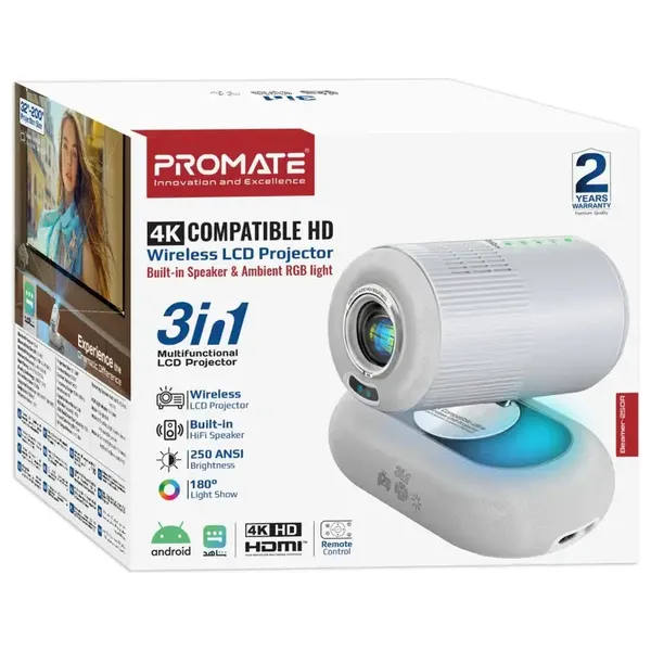  Promate Wireless Projector - Full HD LCD with 4K Support - Android 13 - 250 ANSI Lumens Brightness - 10W Speaker - Wi-Fi Bluetooth 5.4 - Ambient RGB - White 