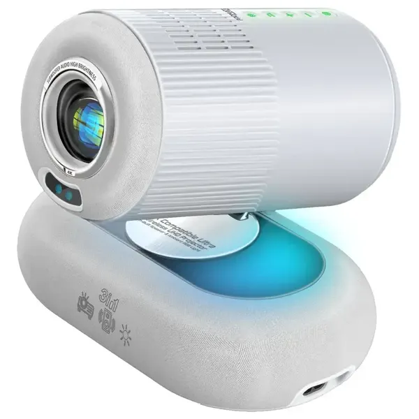  Promate Wireless Projector - Full HD LCD with 4K Support - Android 13 - 250 ANSI Lumens Brightness - 10W Speaker - Wi-Fi Bluetooth 5.4 - Ambient RGB - White 