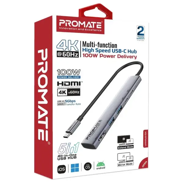  Promate 5 in 1 Multi-Function USB-C Hub - LinkHub 5X - 100W Fast Charging - Compact & Easy to Use Design 