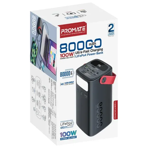  Promate - Power bank - 80000mAh - Fast Charging 100W - Black 