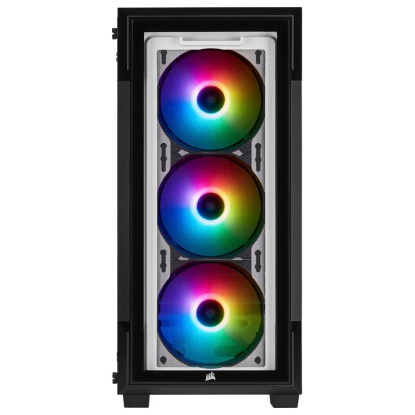حافظة كمبيوتر ذكية CC-9011191-WW متوسطة الحجم بواجهة زجاجية مع إضاءة RGB من نوع iCUE 220T كورسير - هيكل فولاذي مع لوحات من الزجاج المقسى - 3 مراوح - 7 مداخل توسعة - ابيض