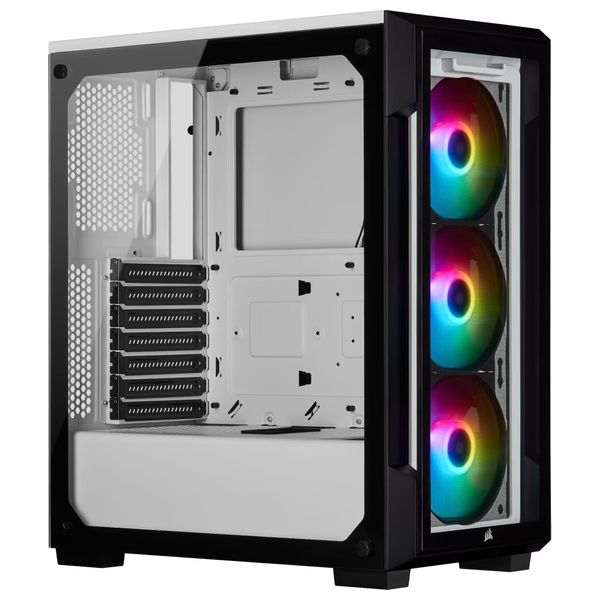 حافظة كمبيوتر ذكية CC-9011191-WW متوسطة الحجم بواجهة زجاجية مع إضاءة RGB من نوع iCUE 220T كورسير - هيكل فولاذي مع لوحات من الزجاج المقسى - 3 مراوح - 7 مداخل توسعة - ابيض