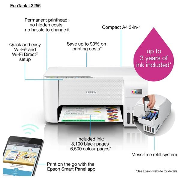  Epson L3256 - Color Inkjet All-in-One Printer - Wifi - White 