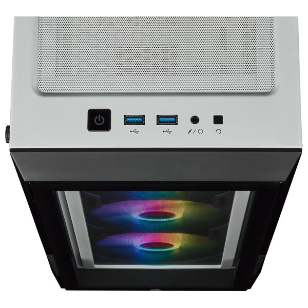 حافظة كمبيوتر ذكية CC-9011191-WW متوسطة الحجم بواجهة زجاجية مع إضاءة RGB من نوع iCUE 220T كورسير - هيكل فولاذي مع لوحات من الزجاج المقسى - 3 مراوح - 7 مداخل توسعة - ابيض