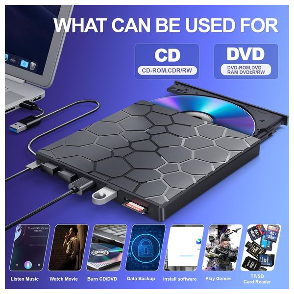 بدون ماركة 8 في 1 أسود محرك أقراص دي في دي خارجي USB 3.0 للابتوب / سطح المكتب / ماك بوك