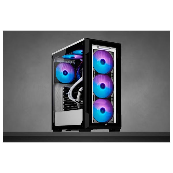 حافظة كمبيوتر ذكية CC-9011191-WW متوسطة الحجم بواجهة زجاجية مع إضاءة RGB من نوع iCUE 220T كورسير - هيكل فولاذي مع لوحات من الزجاج المقسى - 3 مراوح - 7 مداخل توسعة - ابيض