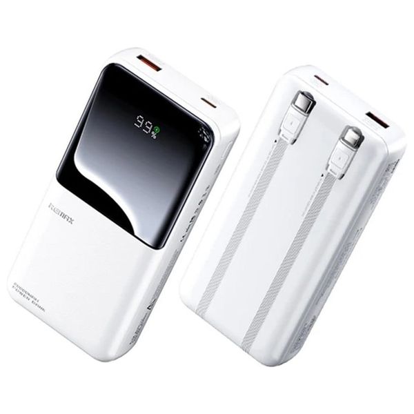 باور بانك ريماكس - كيبلات مدمجة - سعة 20000 مللي أمبير - تقنية 22.5 واط / 20 واط - أبيض