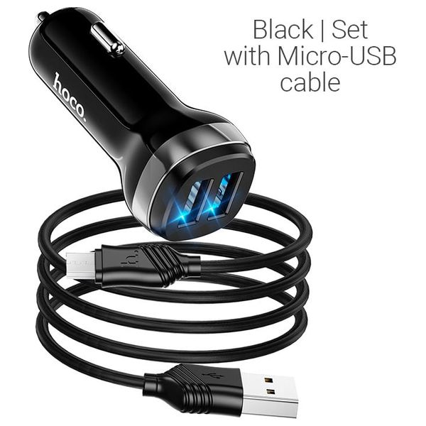 شاحن سيارة هوكو - Z40 Superior - مزدوج مع كيبل يو اس بي الى مايكرو يو اس بي - اسود