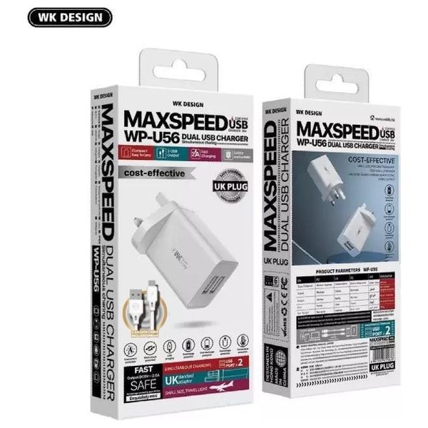  WEKOME WK WP U56 Maxspeed - Wall Charger - Dual USB with USB to USB-C Cable - White 