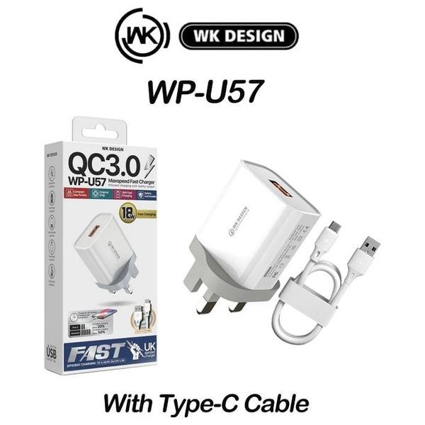 WEKOME WK WP U57 Maxspeed Wall Charger - 18W - USB to USB-C Cable - White 