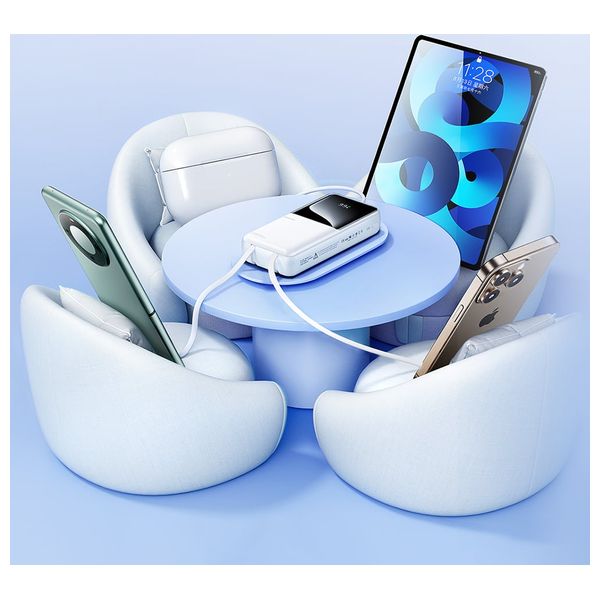 باور بانك ريماكس - كيبلات مدمجة - سعة 20000 مللي أمبير - تقنية 22.5 واط / 20 واط - أبيض