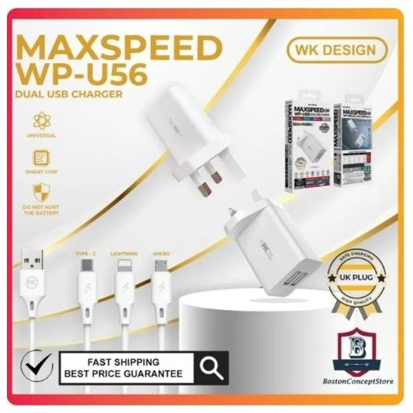  WEKOME WK WP U56 Maxspeed - Wall Charger - Dual USB with USB to USB-C Cable - White 